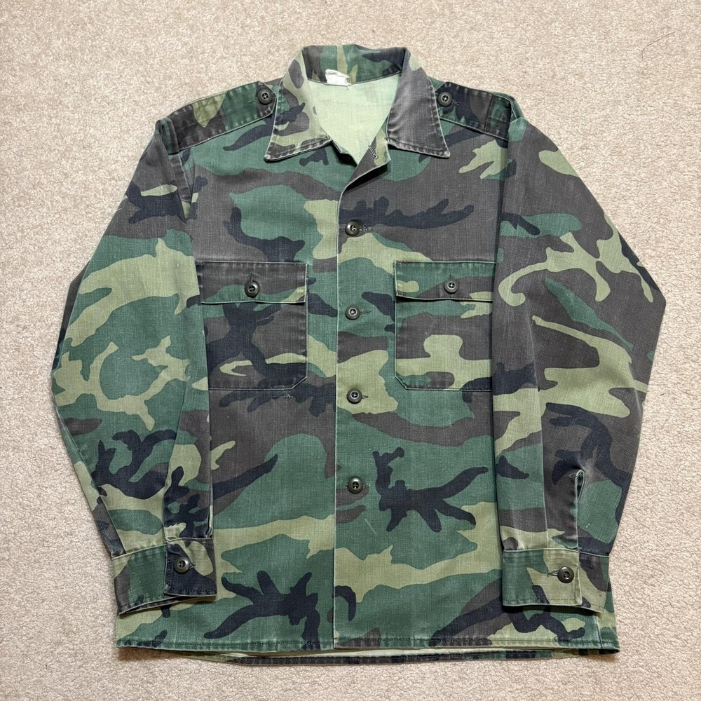 US Army OG-507 Shirt Woodland Camo BDU Mens Large Green‎ Twill Button 70s 80s
